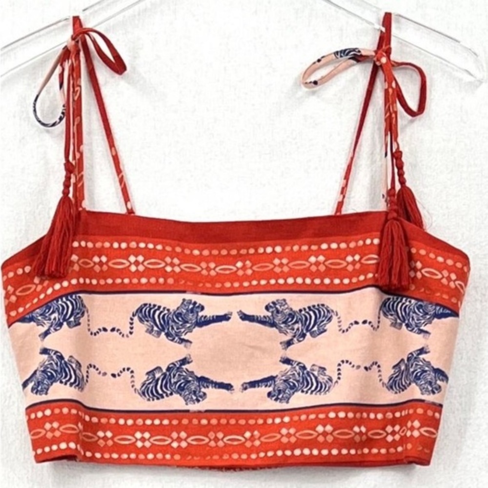 Caroline Constas Red and Blue Tiger Print Crop Top